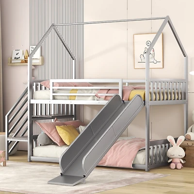 Simplie Fun Twin Size Metal Bunk Bed House Bed With Slide And Staircase