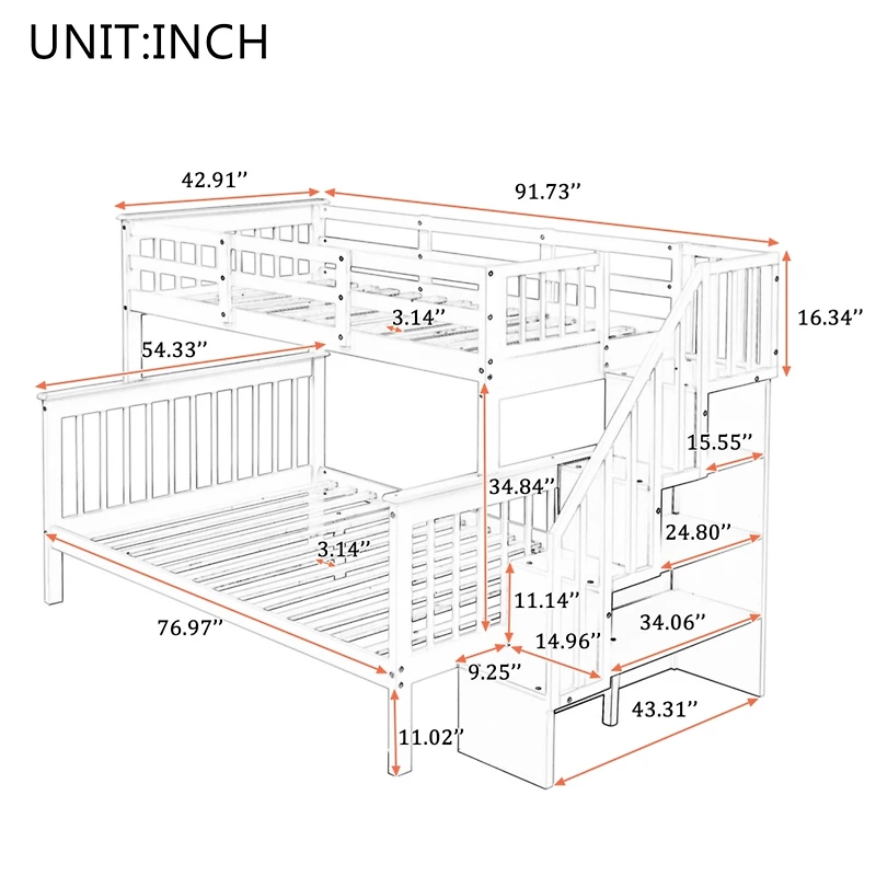 Streamdale Twin-Over-Full Bunk Bed with Storage and Guardrails