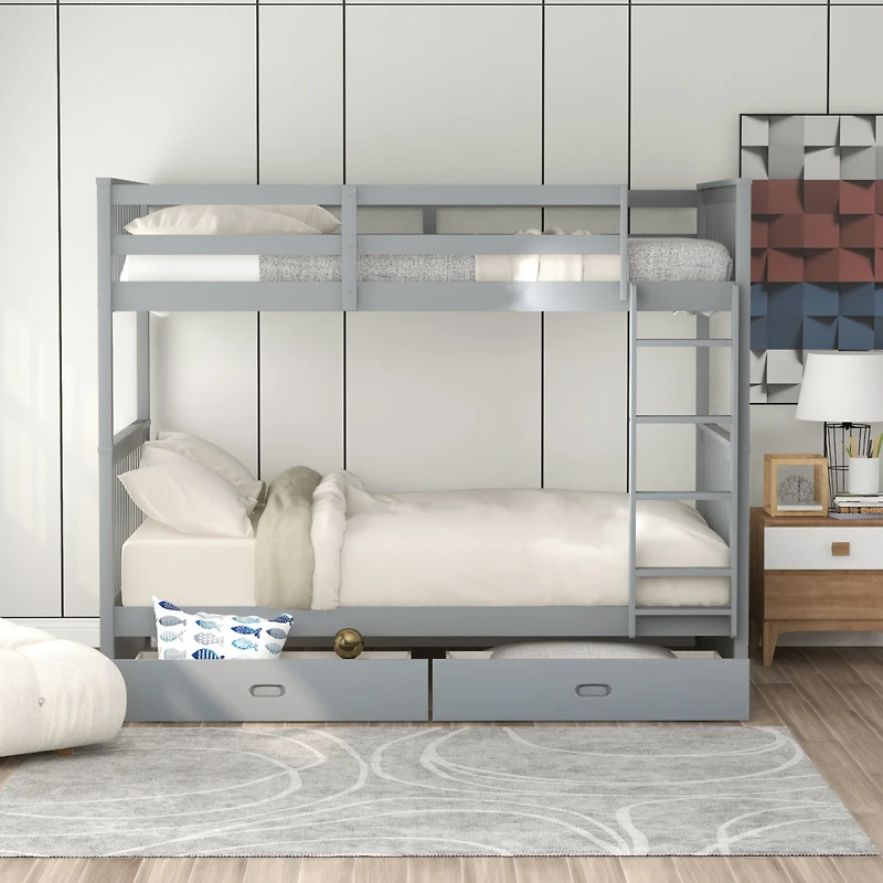Streamdale Twin-Over-Twin Bunk Bed With Ladders And Two Storage Drawers