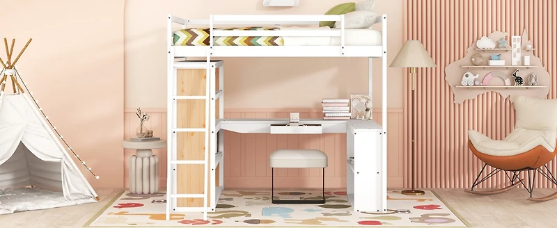 Streamdale Full Loft Bed With Ladder, Shelves, And Desk, White