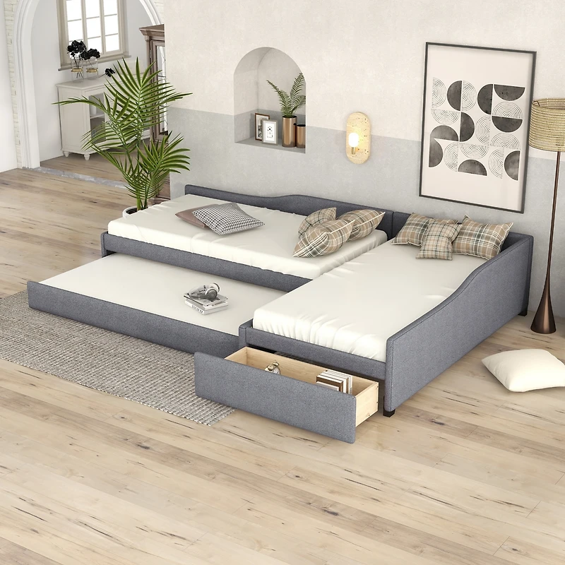 Streamdale Upholstered Double Twin Daybed With Trundle And Drawer