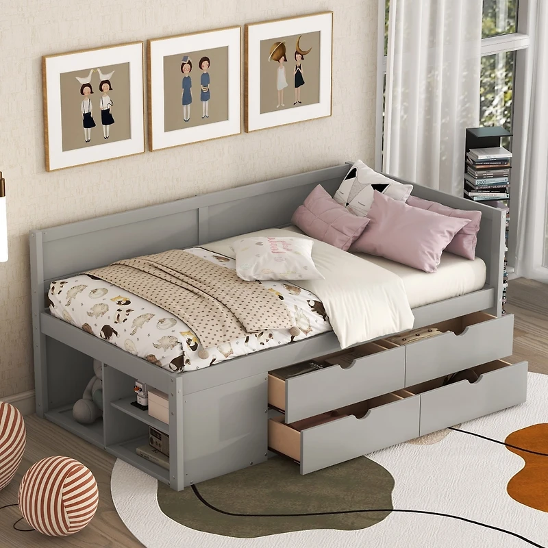 Streamdale Twin Daybed With Drawers And Shelves, Gray