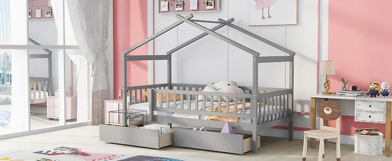 Streamdale Twin Wooden House Bed With Two Drawers