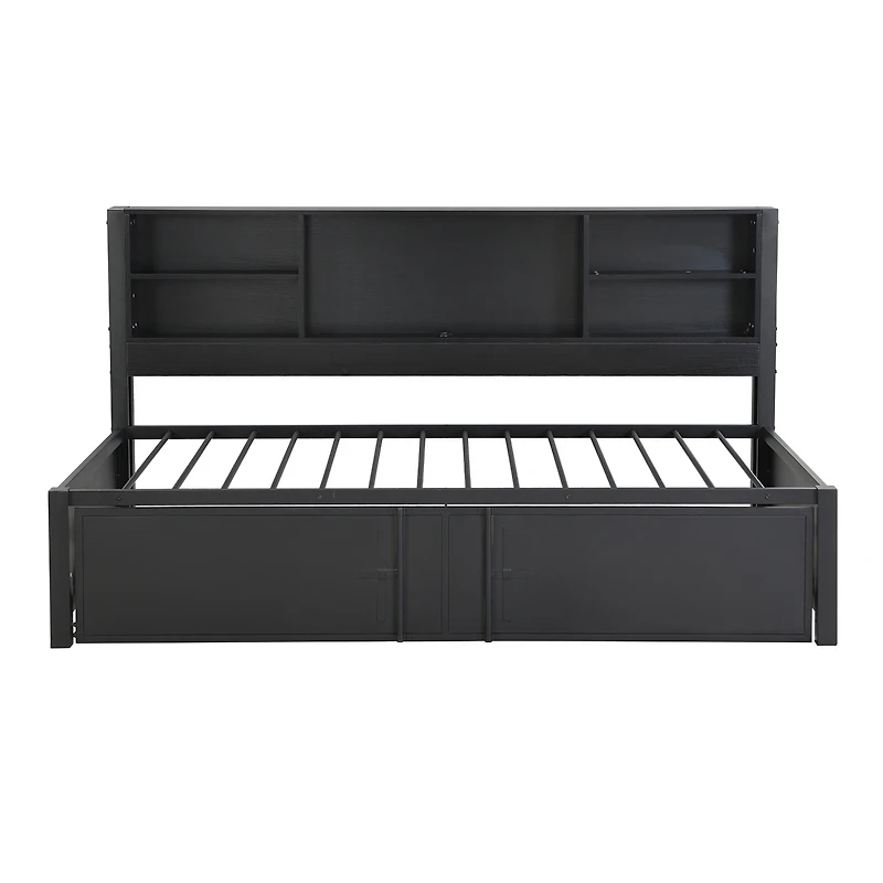 Streamdale Furniture Metal Twin Size Daybed With Twin Size Trundle, Storage Shelves And Usb Ports