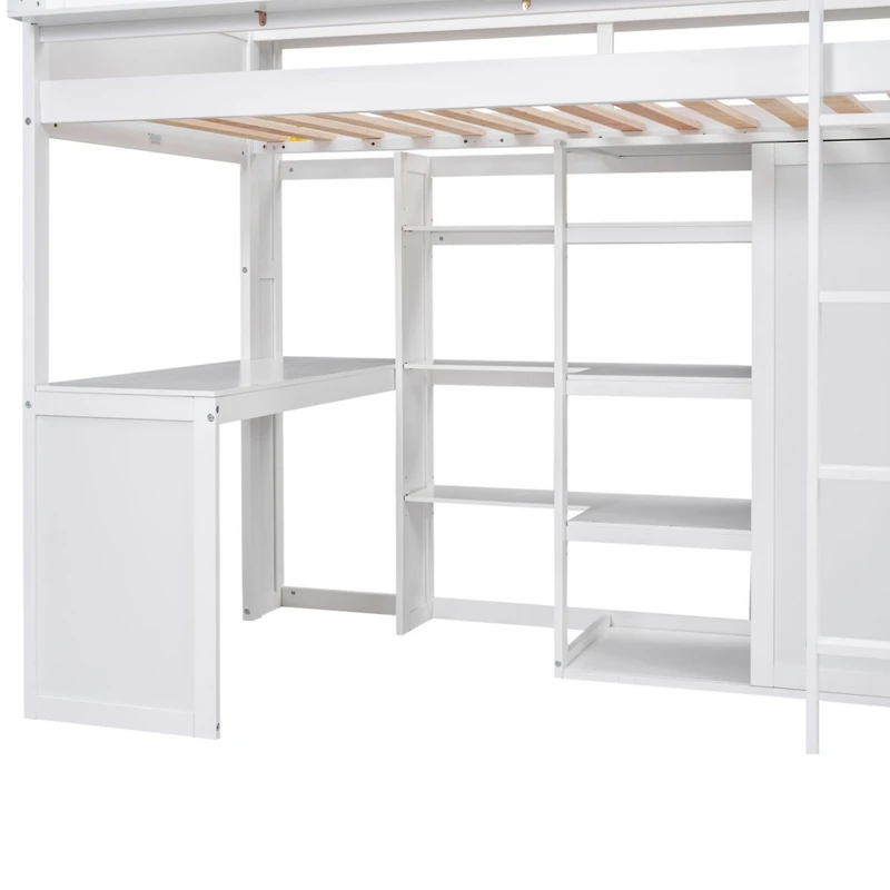Streamdale Wood Twin Loft Bed With Multiple Storage Shelves And Wardrobe