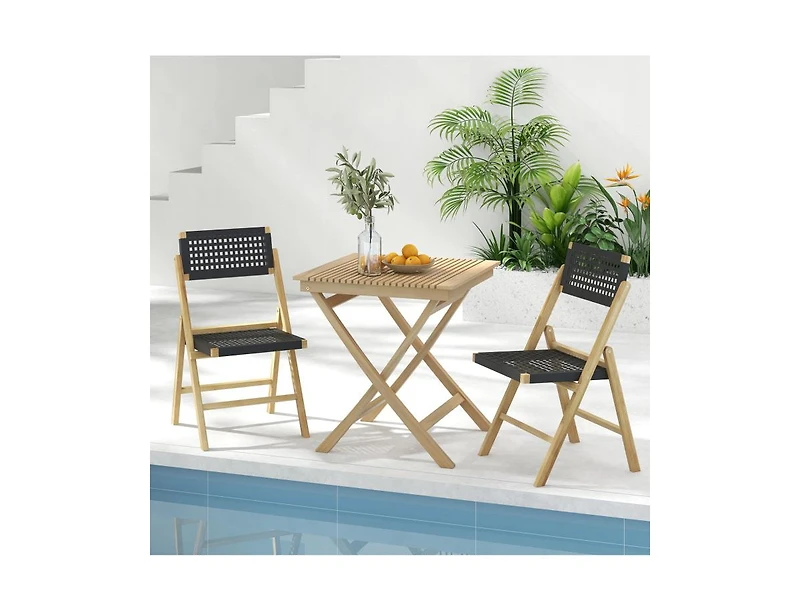 Slickblue Set of 2 Folding Chairs Indonesia Teak Wood Dining Chairs with Woven Rope Seat and Back