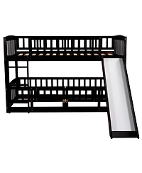 Bunk Bed With Slide, Twin Over Twin Low Bunk Bed With Fence And Ladder For Toddler Kids Teens
