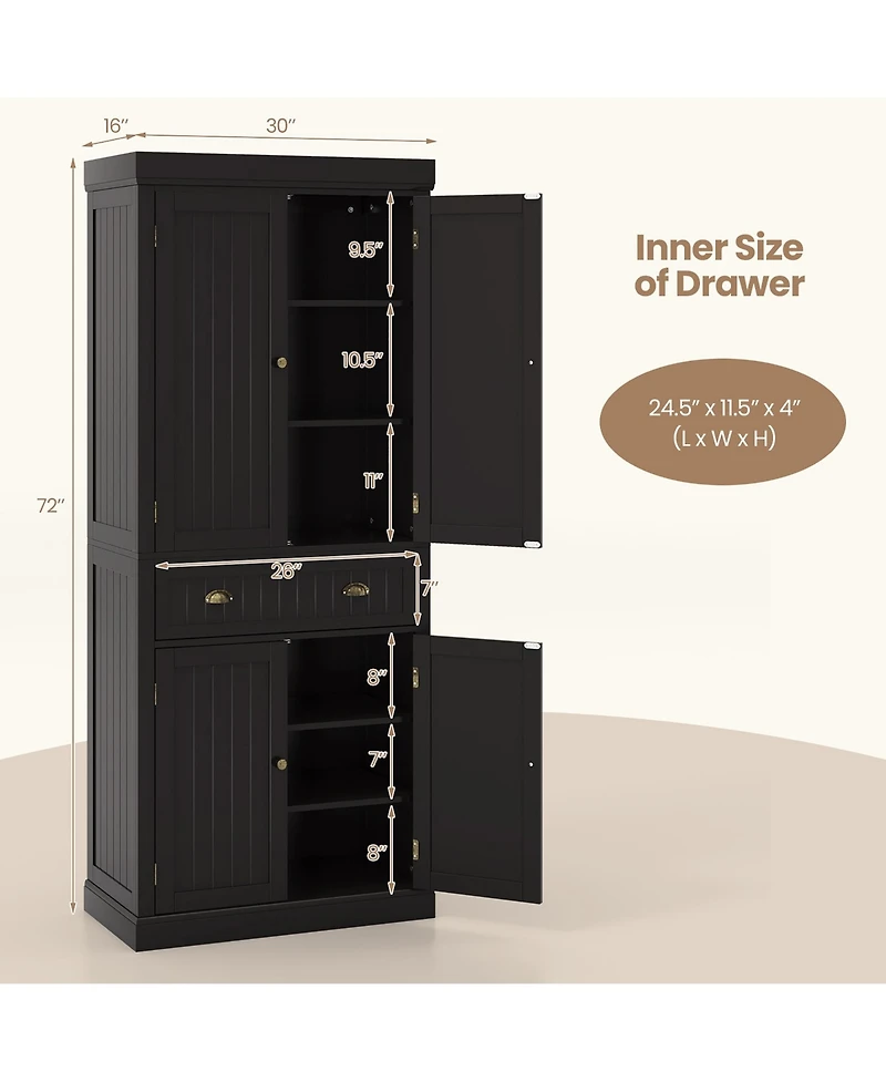 Gymax 72'' Kitchen Pantry Storage Cabinet Tall Freestanding Cupboard w/ 4 Doors Large Drawer Brown
