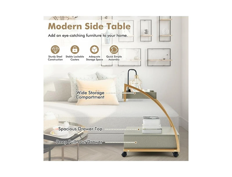 Modern 2-Tier Rolling End Table with Tray Top and Pull-Out Drawer-Grey