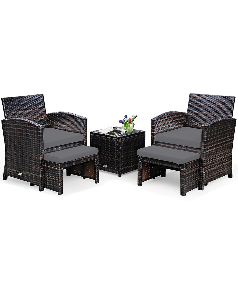 Gymax 5PCS Rattan Patio Furniture Set Chair & Ottoman Set w/ Grey Cushions