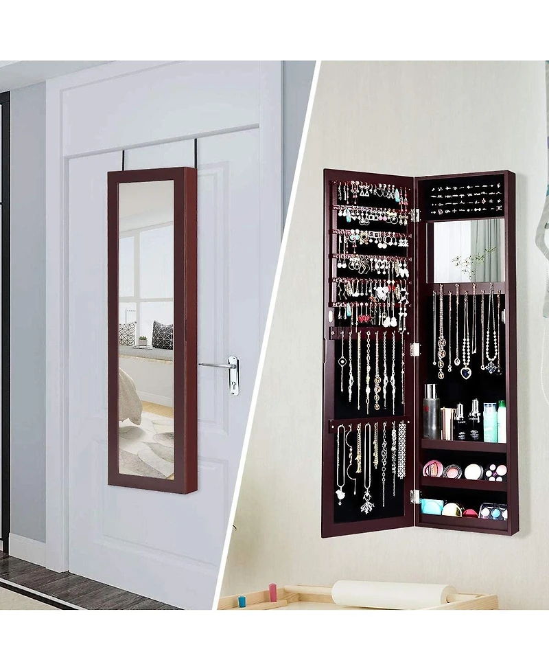 Sugift Full Length Mirror Jewelry Cabinet with Ring Slots and Necklace Hooks-Brown