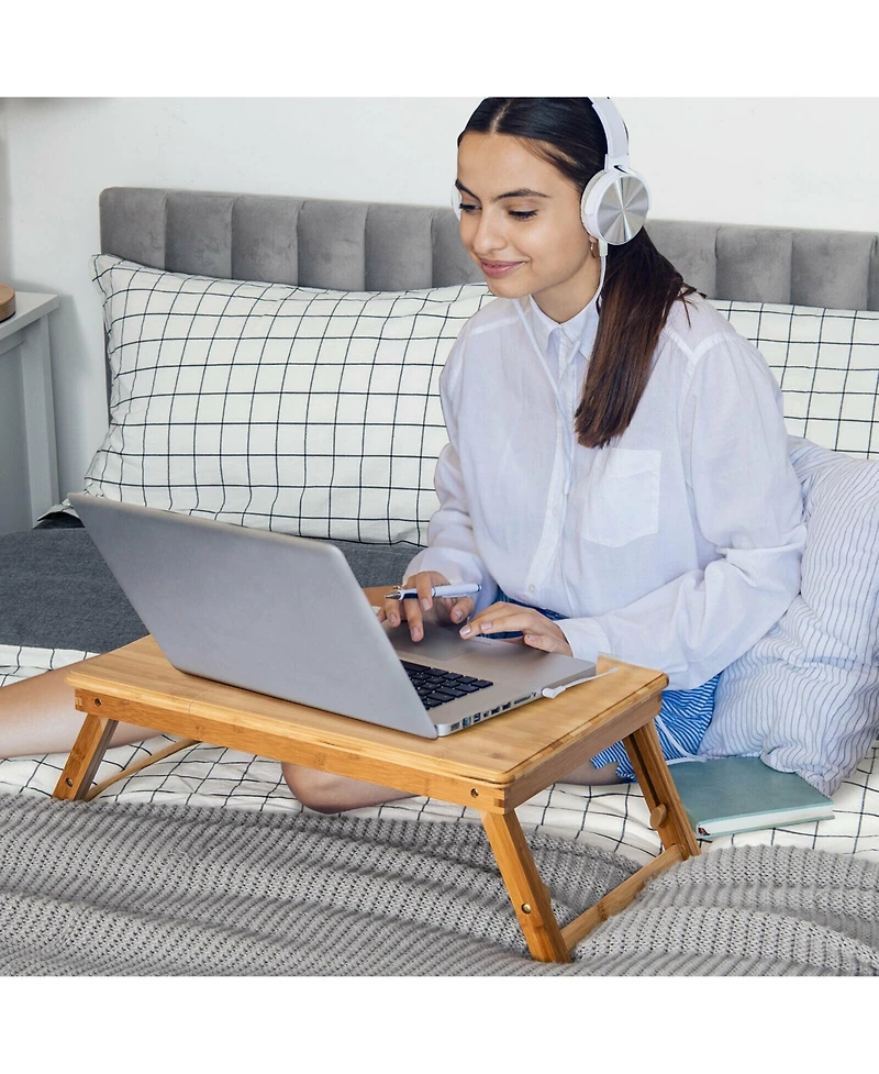 Gymax Bamboo Laptop Desk Adjustable Folding Bed Tray w/Drawer Heat Dissipation