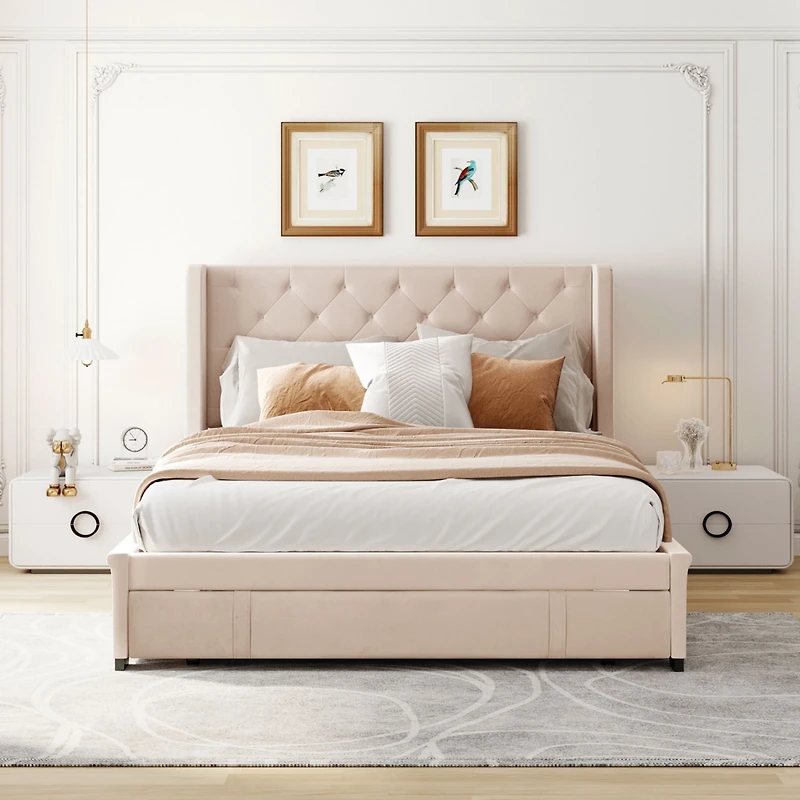 Streamdale Velvet Wingback Storage Platform Bed with Drawer