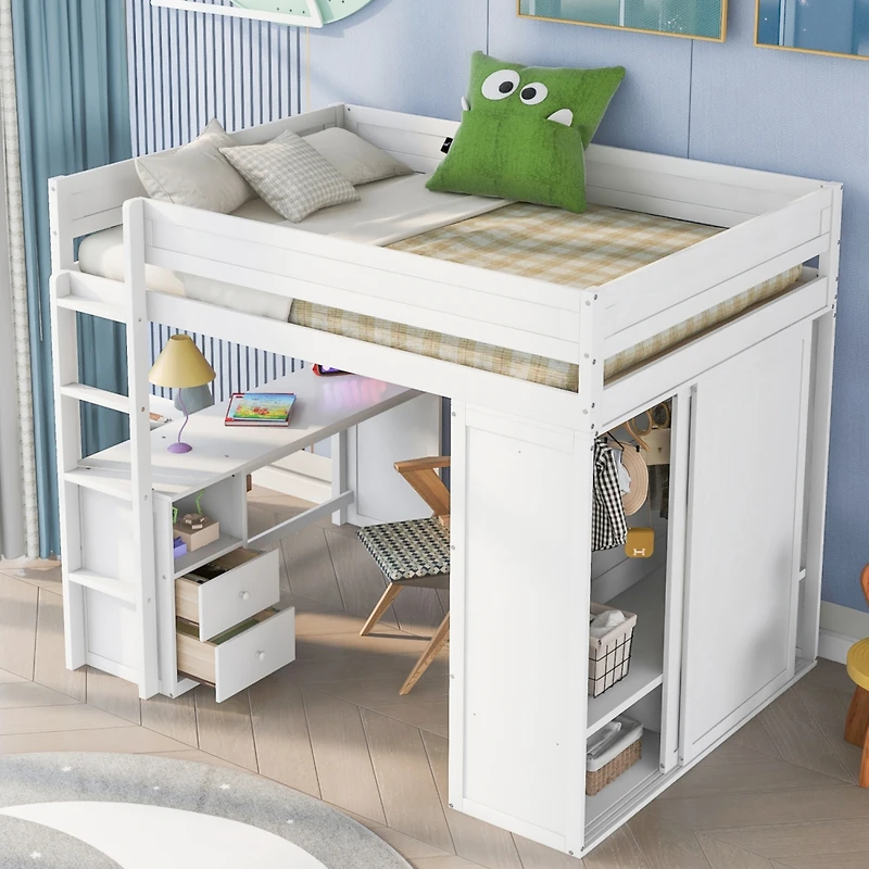 Simplie Fun Wood Full Size Loft Bed With Wardrobes And 2-Drawer Desk With Cabinet