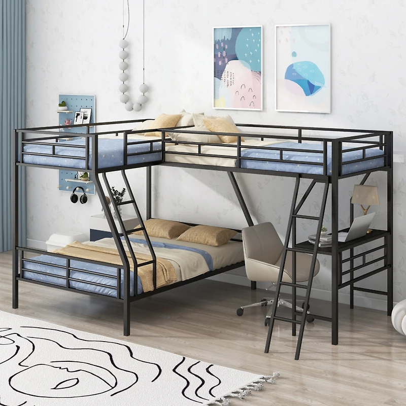 Streamdale Furniture Twin Over Full Bunk Bed With A Twin Size Loft Bed Attached, With A Desk, Metal