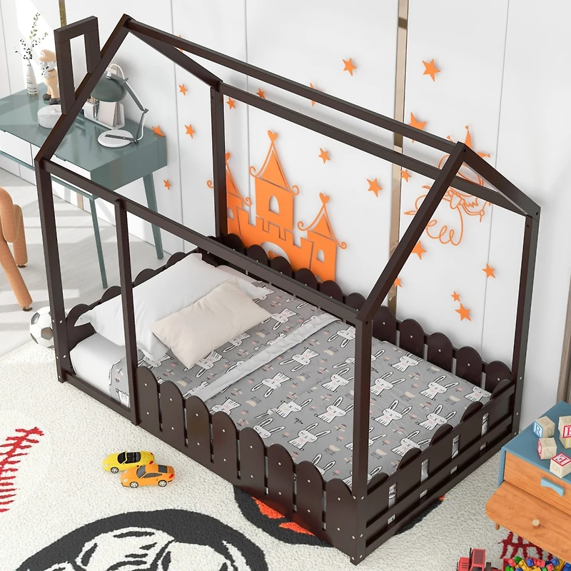 Streamdale Twin Wood Bed House Frame With Fence, For Kids, Teens, Girl