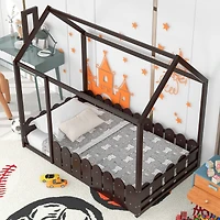 Streamdale Twin Wood Bed House Frame With Fence, For Kids, Teens, Girl