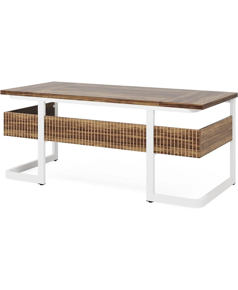 Tribesigns 63" Executive Desk with Bottom Shelves, Large Office Computer Desk, Modern Simple Workstation Business Furniture (Walnut & White)