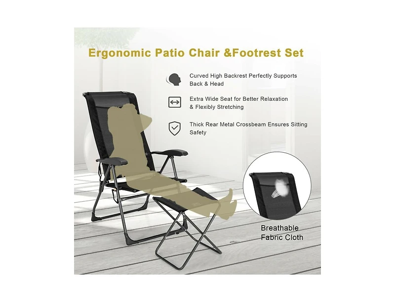 Slickblue 4 Pieces Patio Adjustable Back Folding Dining Chair Ottoman Set