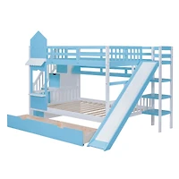Simplie Fun Full-Over-Full Castle Style Bunk Bed with 2 Drawers 3 Shelves and Slide - White