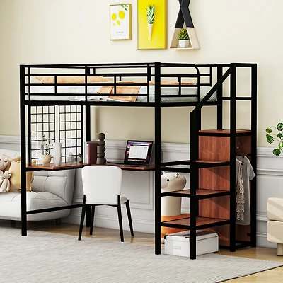 Streamdale Metal Loft Bed with Desk, Storage Ladder & Wardrobe