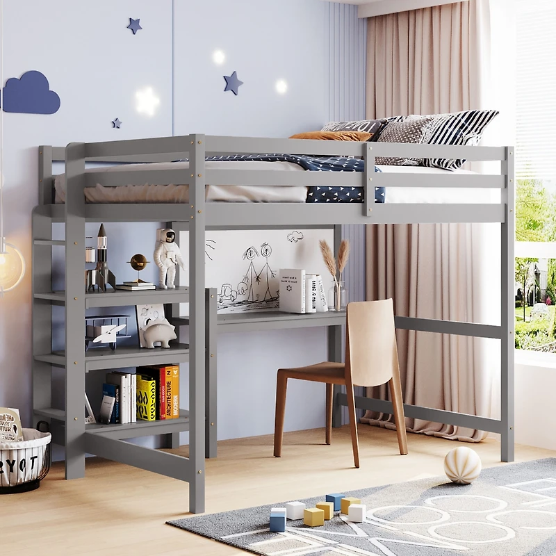 Streamdale Full Wooden Loft Bed With Shelves, Desk And Writing Board