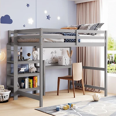 Streamdale Full Wooden Loft Bed With Shelves, Desk And Writing Board