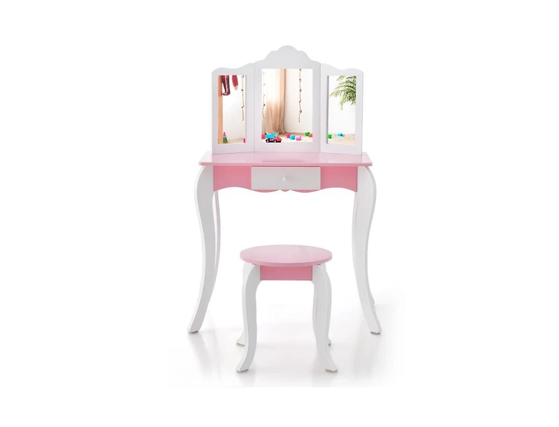 Slickblue Kid's Wooden Vanity Table and Stool Set with 3-Panel Acrylic Mirror-White