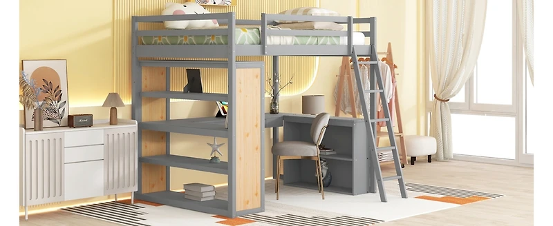 Streamdale Full Loft Bed With Ladder, Shelves, And Desk, White