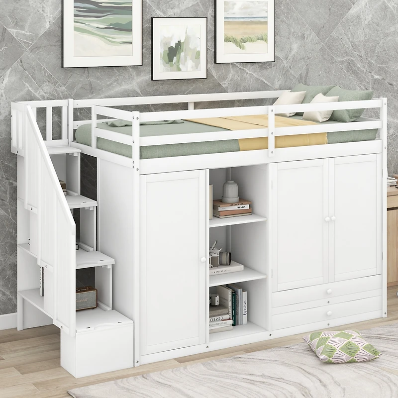 Streamdale 3-Shelf Loft Bed with Storage Units and Ladder