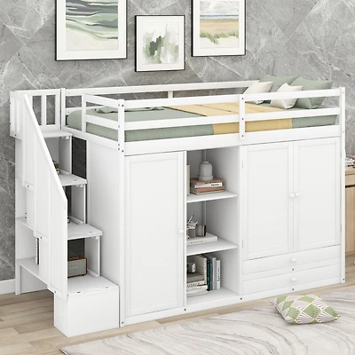 Streamdale 3-Shelf Loft Bed with Storage Units and Ladder