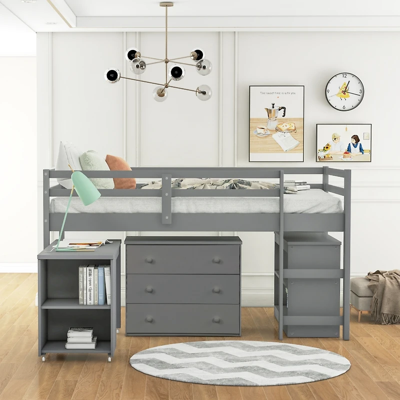 Streamdale Low Study Twin Loft Bed With Cabinet And Rolling Portable Desk