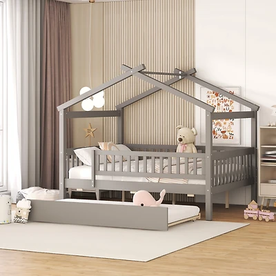 Streamdale Full Size Wooden House Bed With Twin Size Trundle