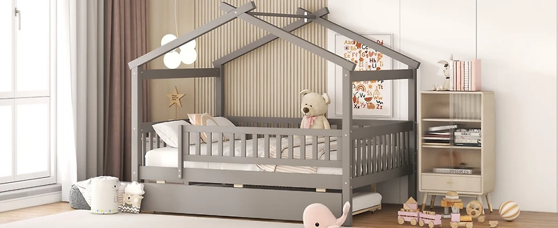 Streamdale Full Size Wooden House Bed With Twin Size Trundle