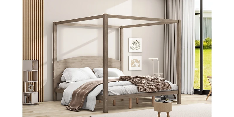Streamdale King Size Canopy Platform Bed With Headboard And Support Legs, Wash