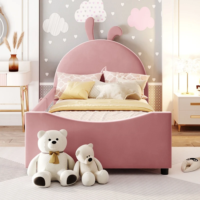 Streamdale Twin Size Upholstered Daybed With Rabbit Ear Shaped Headboard, Pink