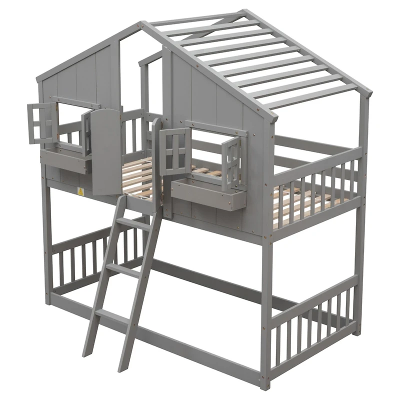Streamdale Twin Bunk House Bed with Roof and Safety Rails
