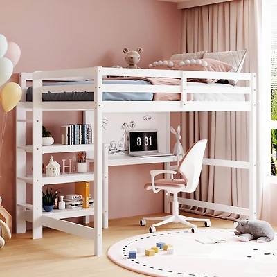 Streamdale Full Wooden Loft Bed With Shelves, Desk And Writing Board