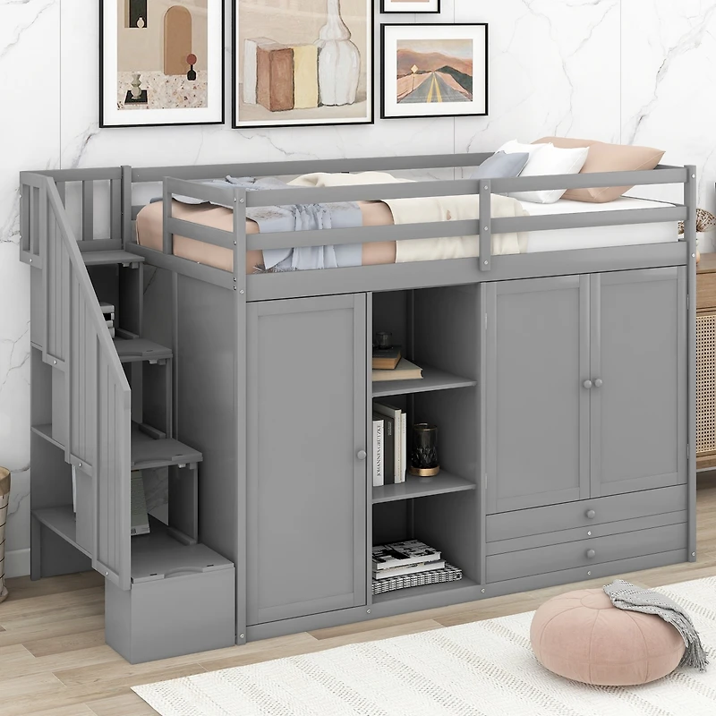 Streamdale 3-Shelf Loft Bed with Storage Units and Ladder