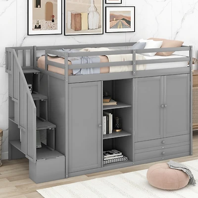 Streamdale 3-Shelf Loft Bed with Storage Units and Ladder