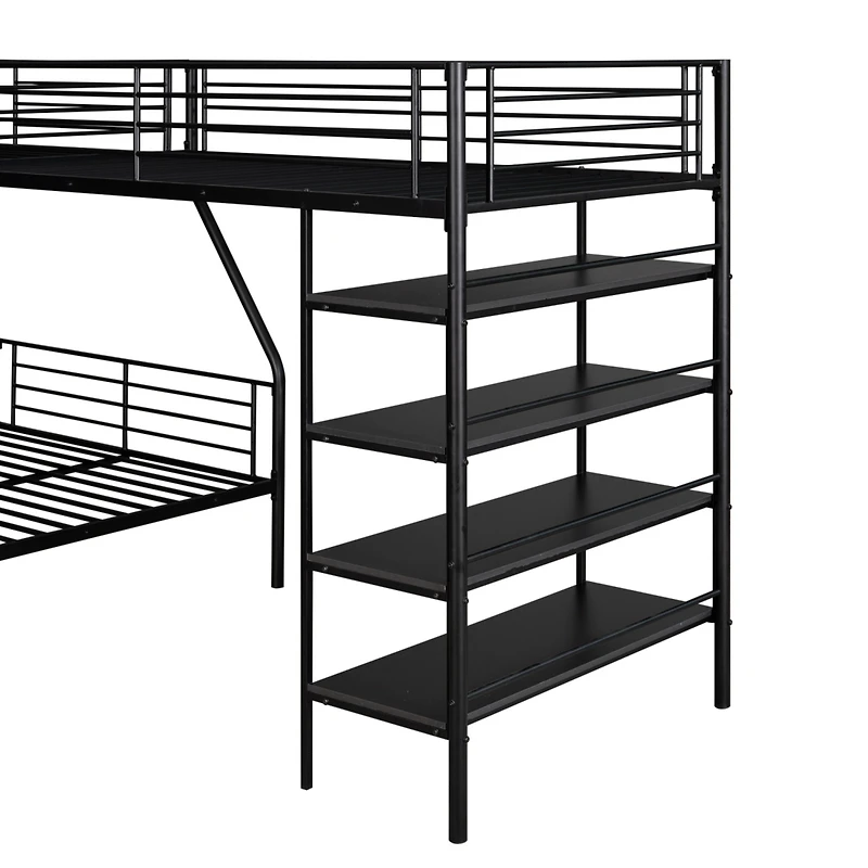 Simplie Fun L-Shaped Metal Twin Over Full Bunk Bed And Twin Size Loft Bed With Four Built-In Shelves
