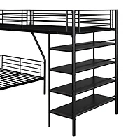 Simplie Fun L-Shaped Metal Twin Over Full Bunk Bed And Twin Size Loft Bed With Four Built-In Shelves