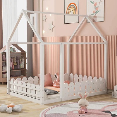 Streamdale Full Size Wood House Bed with Fence