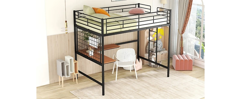 Simplie Fun Full Metal Loft Bed With Desk And Metal Grid