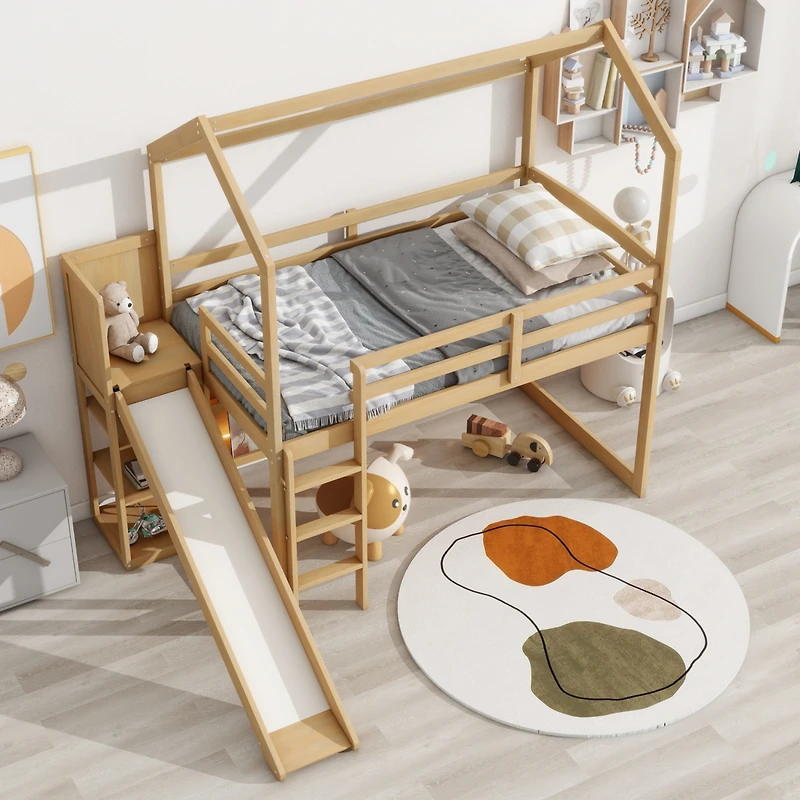 Streamdale Twin Loft Bed with Slide, Shelves, Light