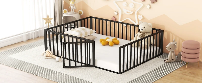Queen Size Metal Floor Bed Frame With Fence And Door