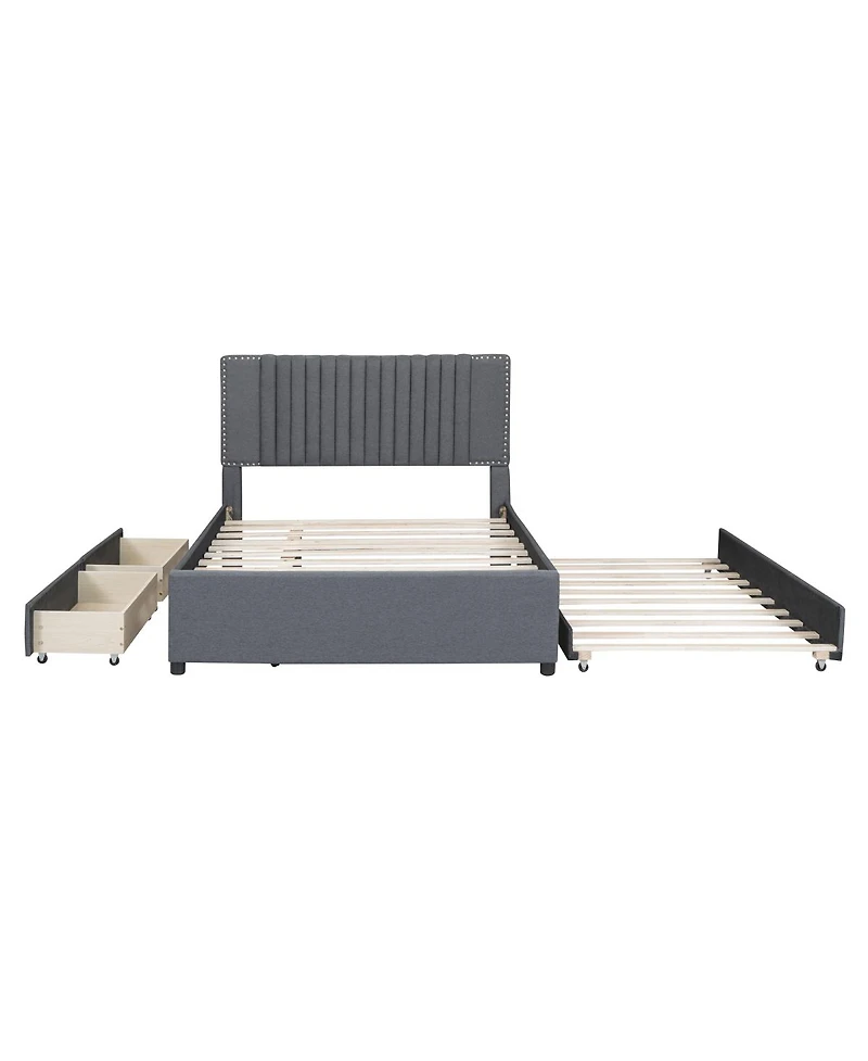 Simplie Fun Full Size Upholstered Platform Bed With 2 Drawers And 1 Twin Size Trundle, Classic Headboard Design