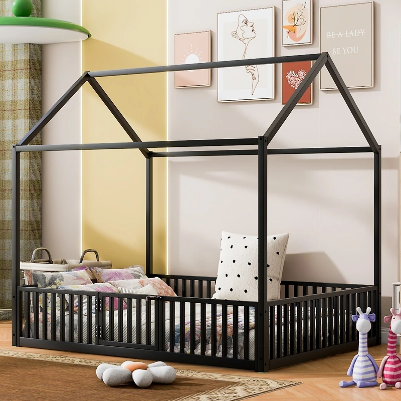Streamdale Full Size Metal House Bed With Fence And Door
