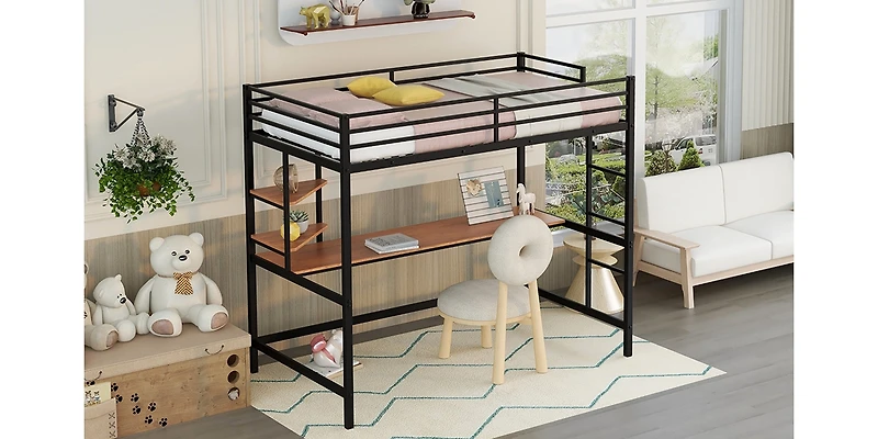 Simplie Fun Twin Metal Loft Bed With Desk And Shelf