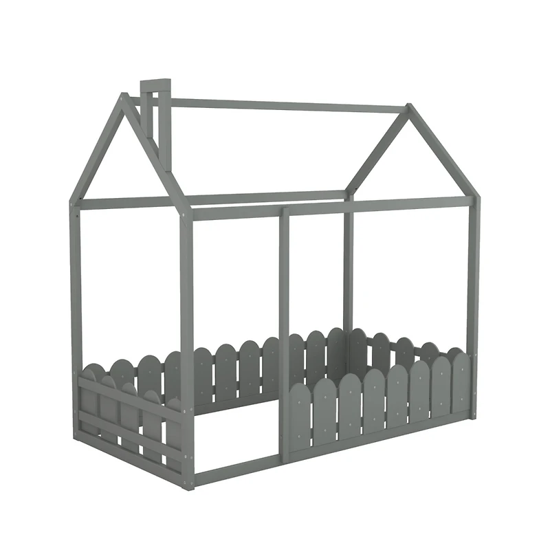 Streamdale Twin Wood Bed House Frame With Fence, For Kids, Teens, Girl